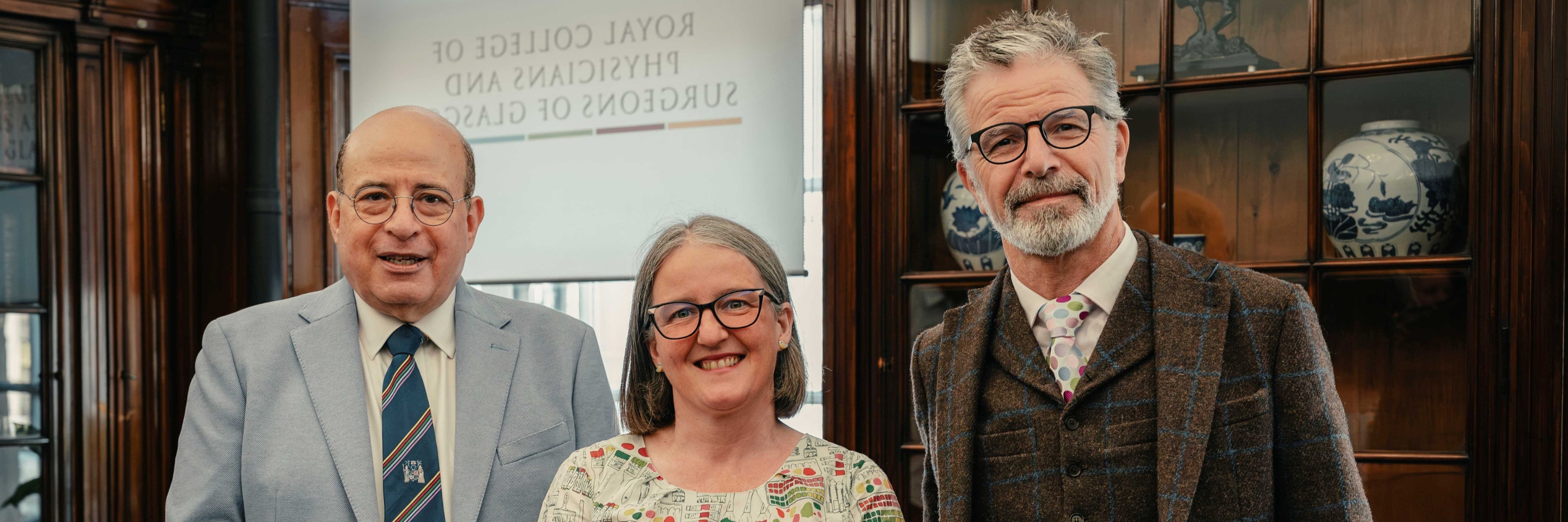 Maree Todd, Scotland’s Minister for Mental Wellbeing, Public Health, Sport, Alcohol and Drugs, with College President Professor Hany Eteiba and conference organiser Professor Gordon Mackay at the International Sport Surgery and Medicine Conference